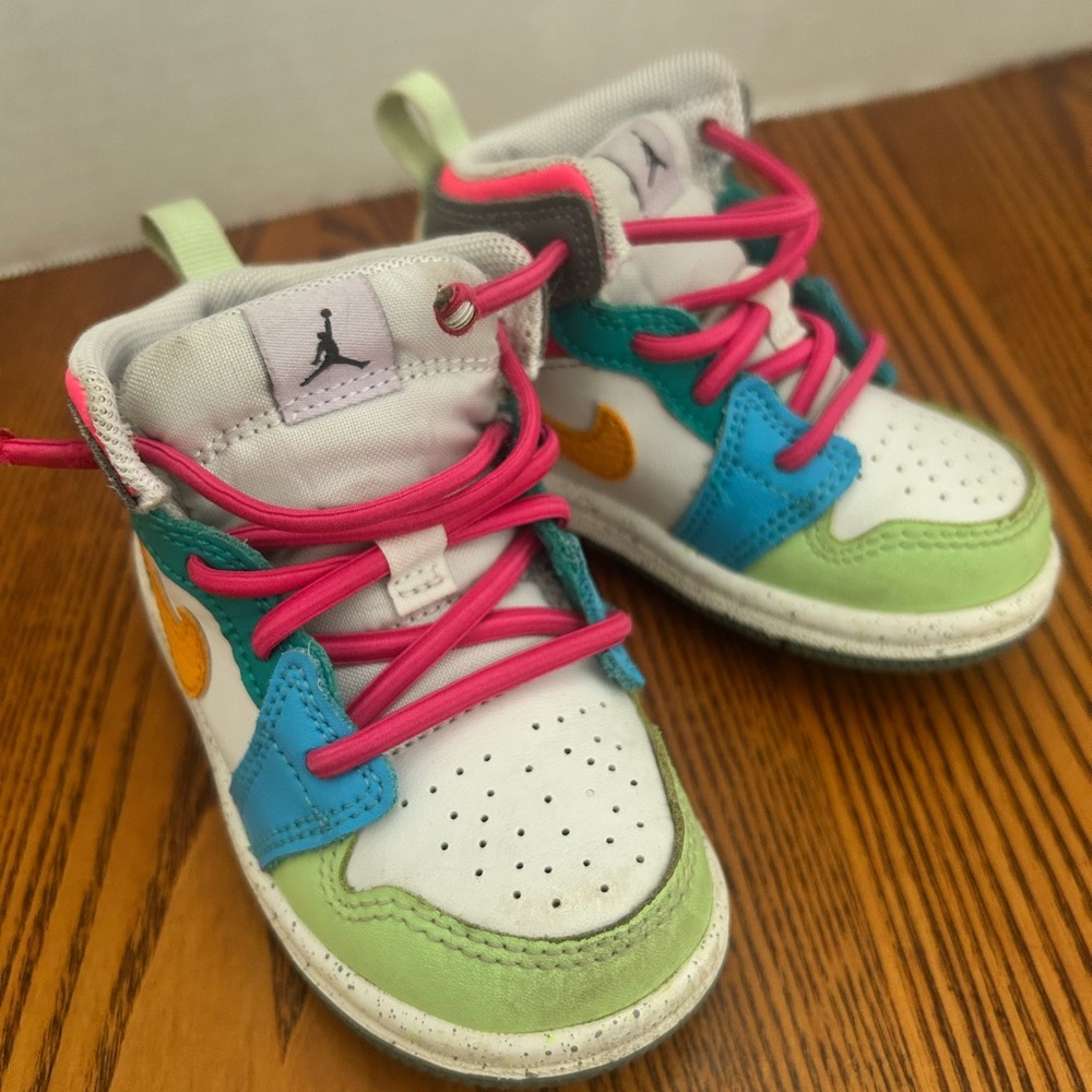 Jordan Kids Sneakers with Pink, Green, and Blue Accents